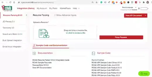 Move-to-integration-tab-and-click-on-Resume-Parsing-8.0.0-to-parse-resumes